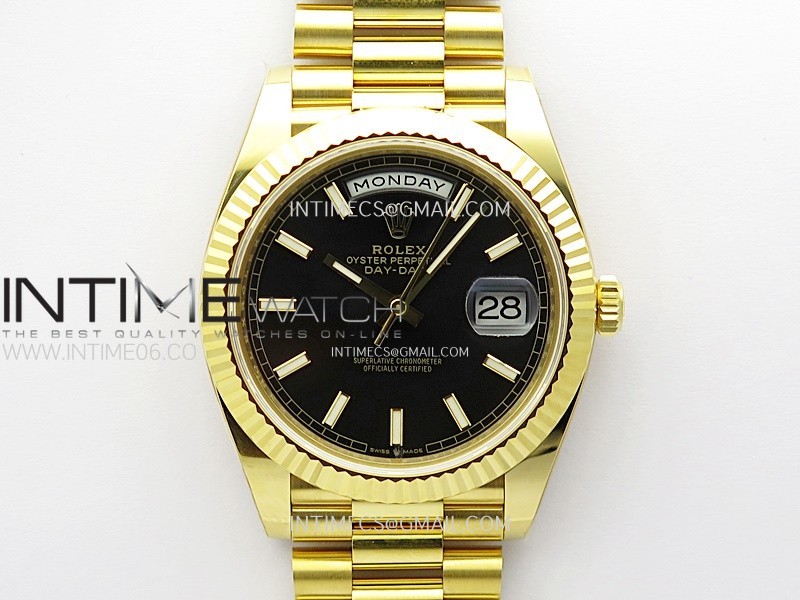 Day Date 228238 40mm 904L YG 1:1 ONE Factory Best Edition Black Dial Sticks Markers on YG President Bracelet SA3255