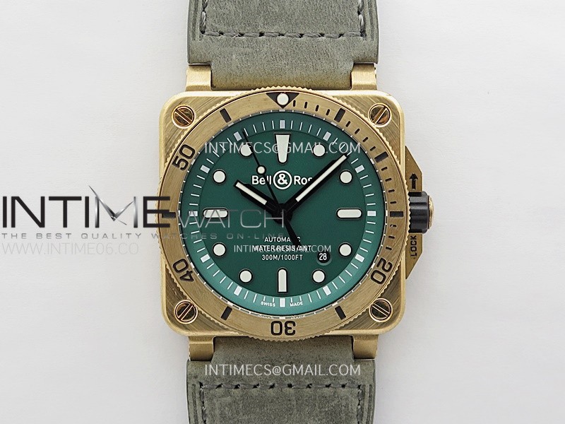 BR 03-92 Diver Ceramic Bezel Bronze B12 1:1 Best Edition Green Dial on Gray Leather Strap A2824 (Free Black Rubber Straps)