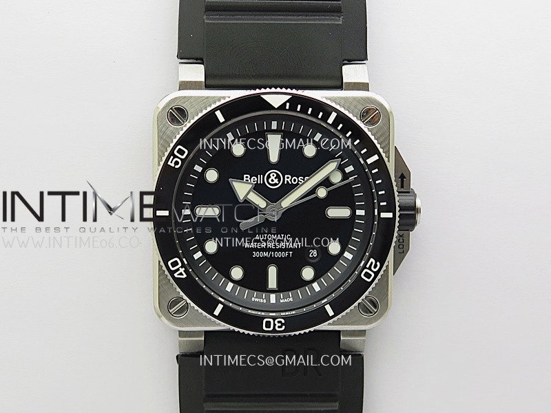 BR 03-92 Diver Black Ceramic Bezel SS B12 1:1 Best Edition Black Dial on Black Rubber Strap A2824 (Free Nylon Strap)