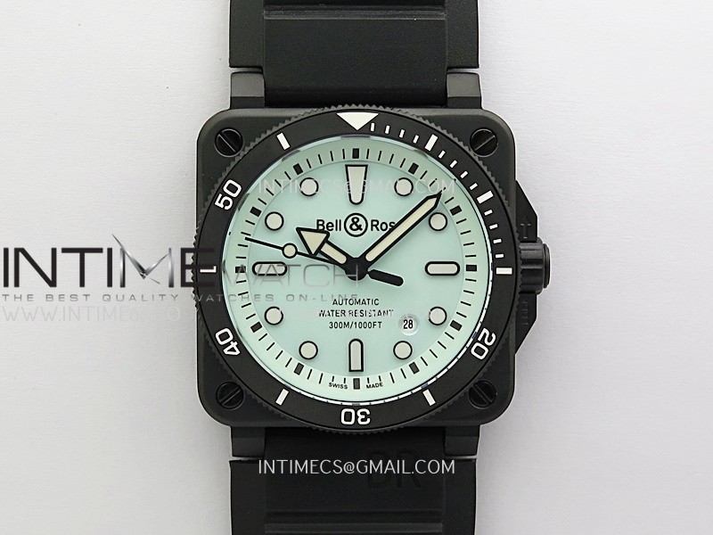 BR 03-92 Diver Black Ceramic Bezel PVD B12 1:1 Best Edition Light Blue Dial on Black Rubber Strap A2824 (Free Nylon Strap)