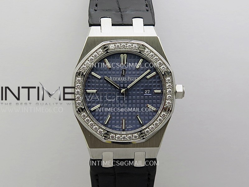 Lady Royal Oak 33mm 67651 SS/Diamond Bezel A7F 1:1 Blue Textured Dial On Black Croco Leather Strap Ronda Quartz to AP Cal.2713