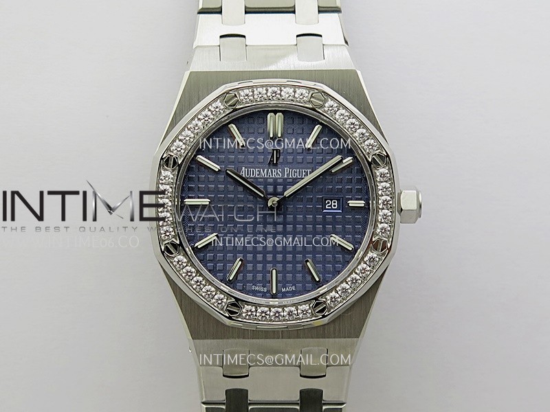 Lady Royal Oak 33mm 67651 SS/Diamond Bezel A7F 1:1 Blue Textured Dial on SS Bracelet Ronda Quartz to AP Cal.2713