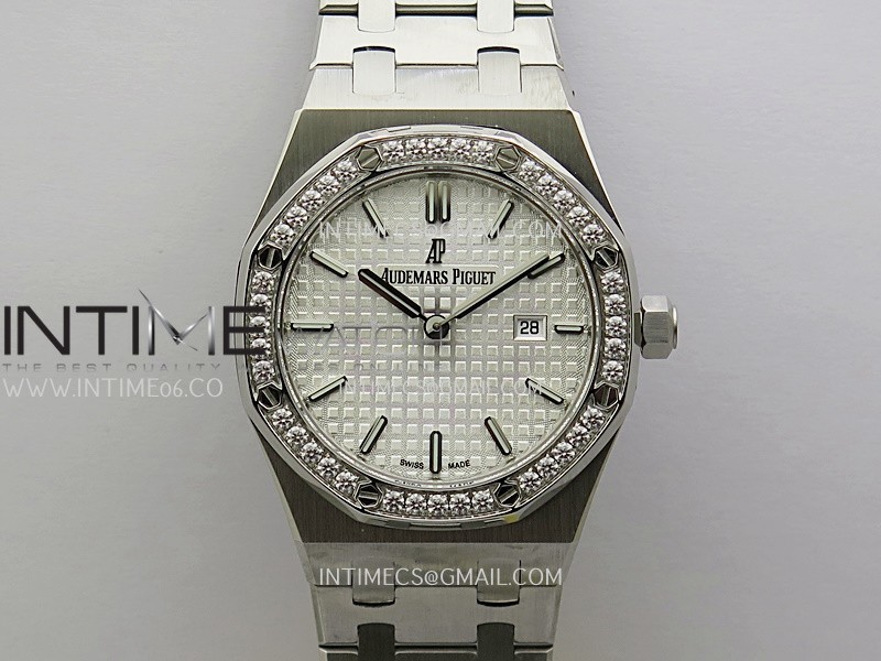 Lady Royal Oak 33mm 67651 SS/Diamond Bezel A7F 1:1 Best Edition White Textured Dial on SS Bracelet Ronda Quartz to AP Cal.2713