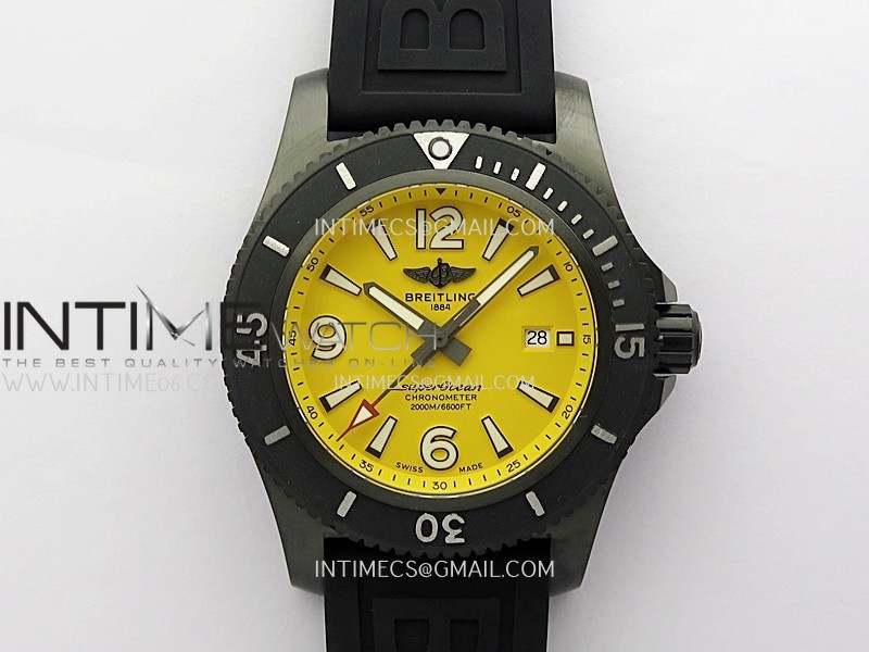 SuperOcean Automatic 46mm DLC TF 1:1 Best Edition Yellow Dial on Black Rubber Strap A2824
