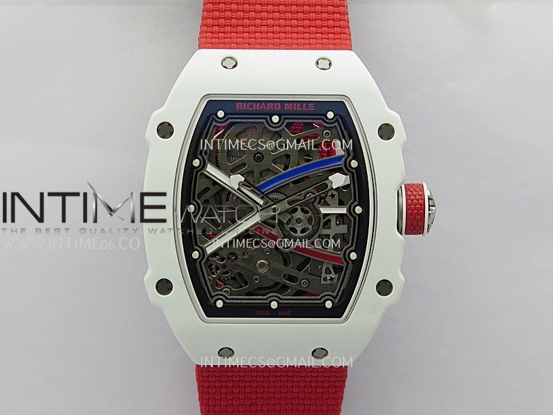 RM67-02 ZF Black Inner Bezel Real White Ceramic 1:1 Best Edition Skeleton Dial On Red Nylon strap CRMA7 Clone RM67-02 ZF Black Inner Bezel Real White Ceramic 1:1 Best Edition Skeleton Dial On Red Nylon strap CRMA7 Clone