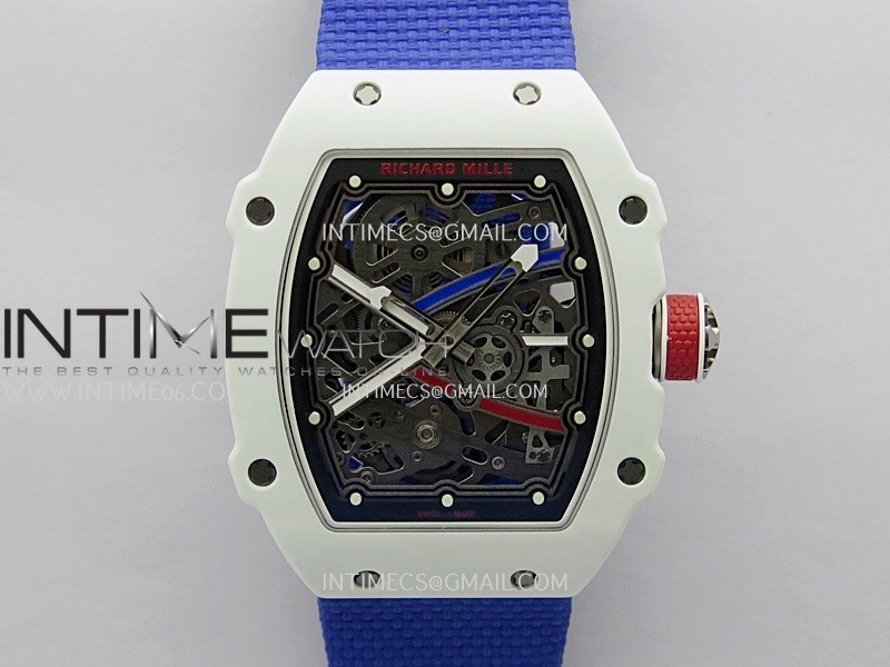 RM67-02 ZF Black Inner Bezel Real White Ceramic 1:1 Best Edition Skeleton Dial On Blue Nylon strap CRMA7 Clone RM67-02 ZF Black Inner Bezel Real White Ceramic 1:1 Best Edition Skeleton Dial On Blue Nylon strap CRMA7 Clone
