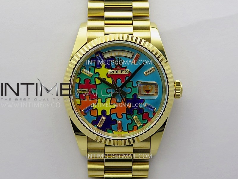 Daydate 128238 36mm Colour Jigsaw Puzzle YG QHF Best Edition Turquoise Blue Dial on YG President Bracelet A2834