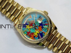 Daydate 128238 36mm Colour Jigsaw Puzzle YG QF Best Edition Turquoise Blue Dial on YG President Bracelet A2834
