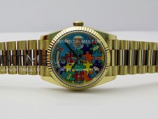 Daydate 128238 36mm Colour Jigsaw Puzzle YG QF Best Edition Turquoise Blue Dial on YG President Bracelet A2834