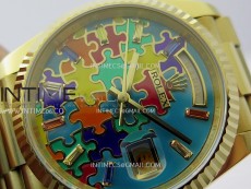 Daydate 128238 36mm Colour Jigsaw Puzzle YG QF Best Edition Turquoise Blue Dial on YG President Bracelet A2834