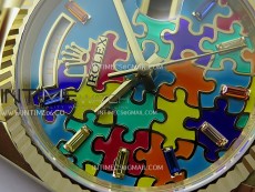 Daydate 128238 36mm Colour Jigsaw Puzzle YG QF Best Edition Turquoise Blue Dial on YG President Bracelet A2834