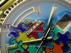 Daydate 128238 36mm Colour Jigsaw Puzzle YG QF Best Edition Turquoise Blue Dial on YG President Bracelet A2834