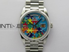 Daydate 128239 36mm Colour Jigsaw Puzzle SS QF Best Edition Turquoise Blue Dial on SS President Bracelet A2834