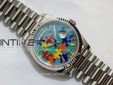 Daydate 128239 36mm Colour Jigsaw Puzzle SS QF Best Edition Turquoise Blue Dial on SS President Bracelet A2834