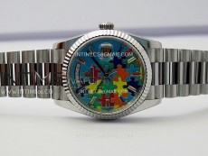 Daydate 128239 36mm Colour Jigsaw Puzzle SS QF Best Edition Turquoise Blue Dial on SS President Bracelet A2834