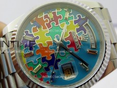 Daydate 128239 36mm Colour Jigsaw Puzzle SS QF Best Edition Turquoise Blue Dial on SS President Bracelet A2834