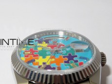 Daydate 128239 36mm Colour Jigsaw Puzzle SS QF Best Edition Turquoise Blue Dial on SS President Bracelet A2834