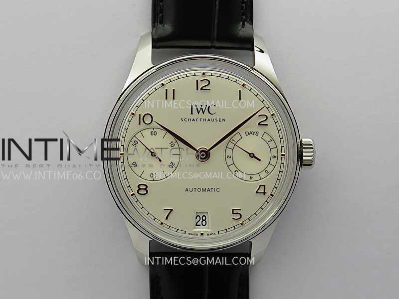 Portuguese Real PR IW501701 SS APSF 1:1 Best Edition Cream Dial RG Marker On Black Leather Strap A52010