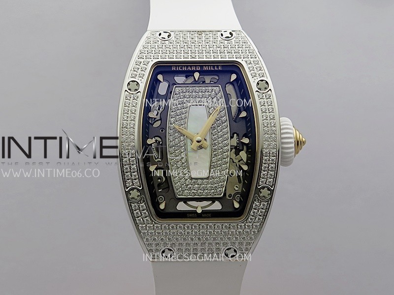 RM07 Paved Snowflake Cut Diamonds SS ZF Best Edition White MOP Diamond Skeleton Dial On White Rubber Strap Asian CRMA2 Clone RM07 Paved Snowflake Cut Diamonds SS ZF Best Edition White MOP Diamond Skeleton Dial On White Rubber Strap Asian CRMA2 Clone