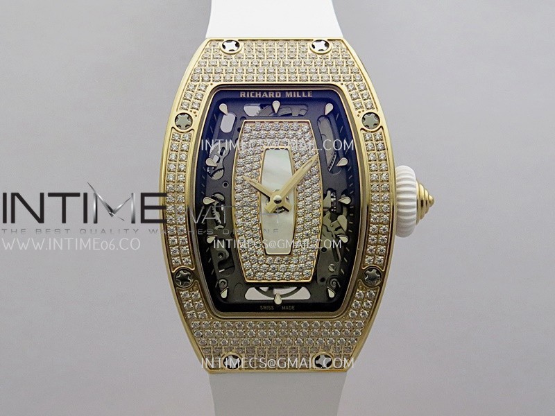 RM07 Paved Snowflake Cut Diamonds RG ZF Best Edition White MOP Diamond Skeleton Dial On White Rubber Strap Asian CRMA2 Clone RM07 Paved Snowflake Cut Diamonds RG ZF Best Edition White MOP Diamond Skeleton Dial On White Rubber Strap Asian CRMA2 Clone