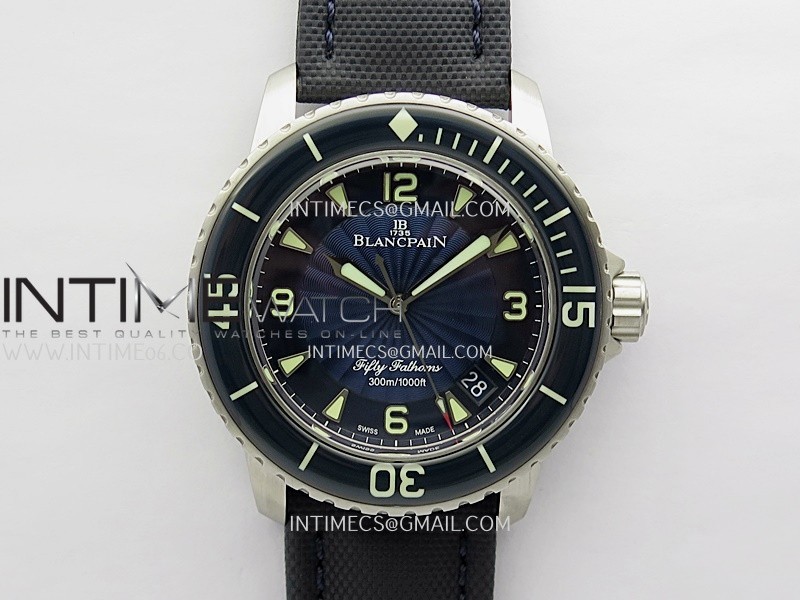 Fifty Fathoms SS ZF 1:1 Best Edition Blue Textured Dial On Blue Sail-canvas Strap A2836 Fifty Fathoms SS ZF 1:1 Best Edition Blue Textured Dial On Blue Sail-canvas Strap A2836