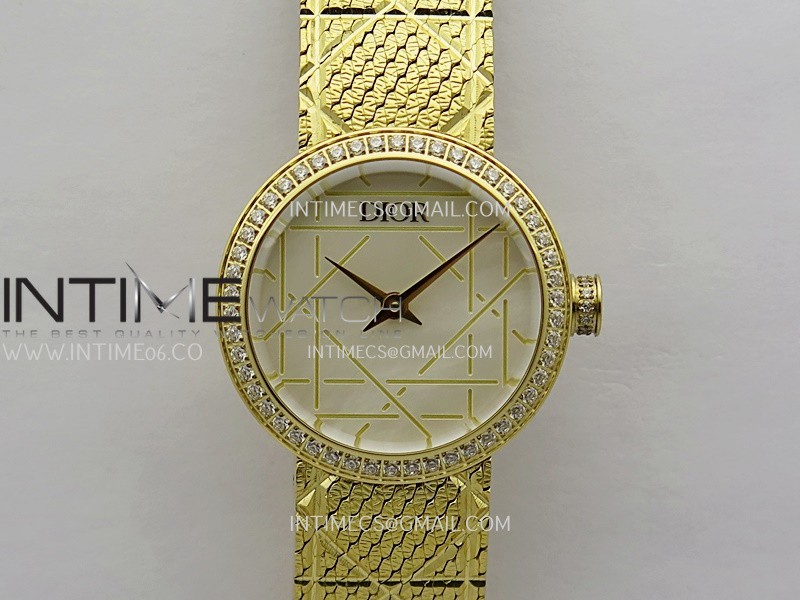 La D de Dior Satine 25mm Diamond Bezel YG 8848F 1:1 Best Edition White MOP Dial on SS bracelet Swiss Quartz La D de Dior Satine 25mm Diamond Bezel YG 8848F 1:1 Best Edition White MOP Dial on SS bracelet Swiss Quartz