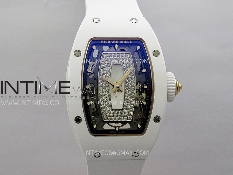 RM07 Real White Ceramic RG ZF Best Edition White MOP Diamond Skeleton Dial On White Rubber Strap Asian CRMA2 Clone RM07 Real White Ceramic RG ZF Best Edition White MOP Diamond Skeleton Dial On White Rubber Strap Asian CRMA2 Clone