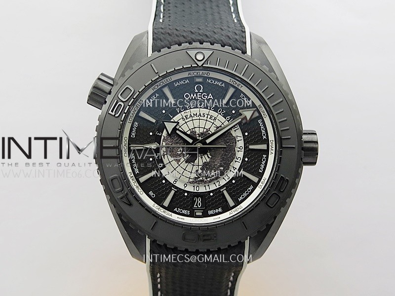 Planet Ocean 45.5mm GMT Worldtimer Real Ceramic VSF 1:1 Best Edition Black/Gray Dial On Black Rubber Strap Super Clone 8938