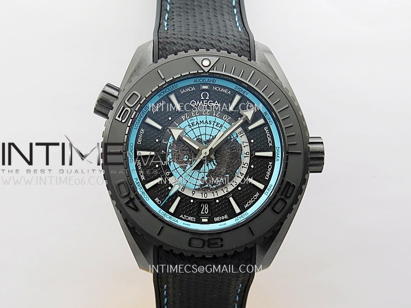 Planet Ocean 45.5mm GMT Worldtimer Real Ceramic VSF 1:1 Best Edition Black/blue Dial On Black Rubber Strap Super Clone 8938