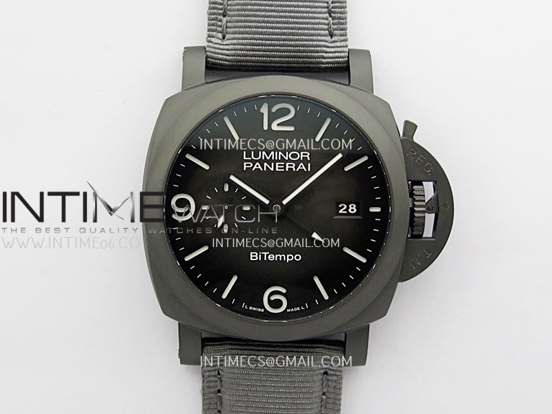 PAM1467 44mm GMT DLC VSF 1:1 Best Edition Gray Ombre Dial On Gray Nylon Strap Asian P9010