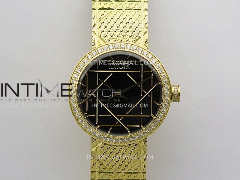 La D de Dior Satine 25mm Diamond Bezel YG 8848F 1:1 Best Edition Black Dial On YG bracelet Swiss Quartz