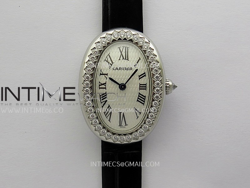 Baignoire Watch Diamond Bezel SS AF 1:1 Best Edition White textured Dial On Black Croco Strap RONDA Quartz