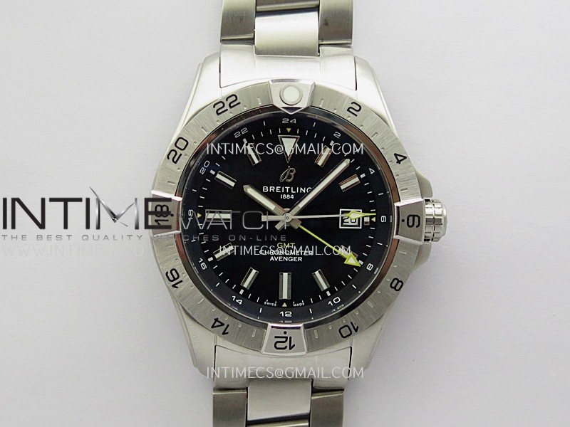 Avenger Chronometer 44mm GMT Yellow Second Hand SS B50 Best Version Black Dial On SS Bracelet A2836