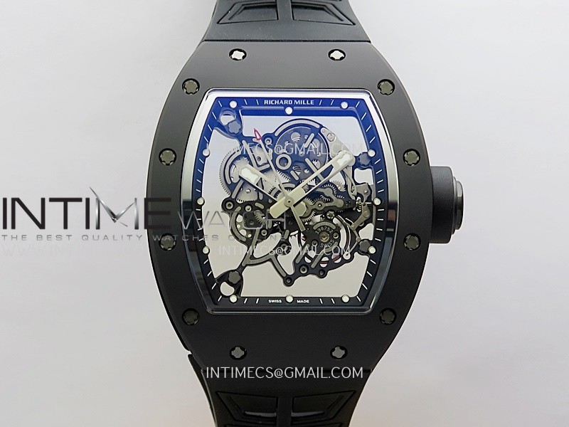 RM055 Black Crown And Inner Black Ceramic ZF 1:1 Best Edition Skeleton Dial On Black Rubber Strap RMUL2 Super Clone