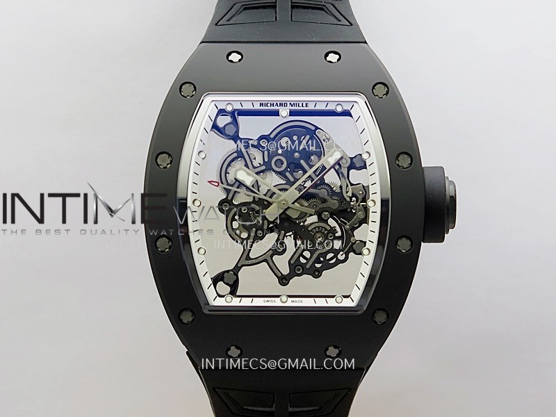 RM055 Black Crown White Inner Black Ceramic ZF 1:1 Best Edition Skeleton Dial On Black Rubber Strap RMUL2 Super Clone