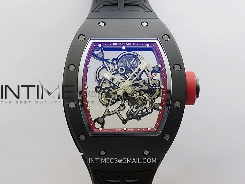 RM055 Red Crown Red Inner Black Ceramic ZF 1:1 Best Edition Skeleton Dial On Black Rubber Strap RMUL2 Super Clone
