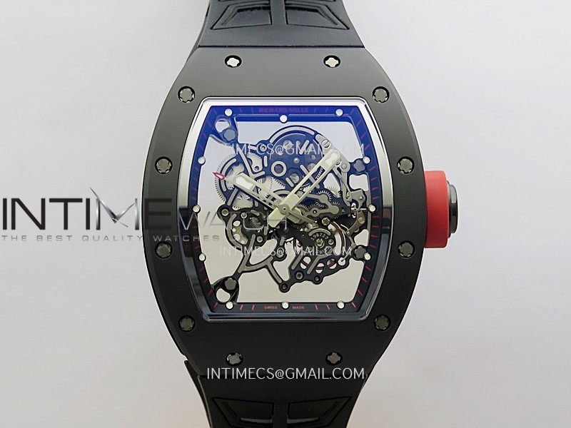 RM055 Red Crown Black Inner Black Ceramic ZF 1:1 Best Edition Skeleton Dial On Black Rubber Strap RMUL2 Super Clone