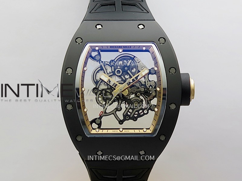 RM055 Black Crown RG Inner Black Ceramic ZF 1:1 Best Edition Skeleton Dial On Black Rubber Strap RMUL2 Super Clone