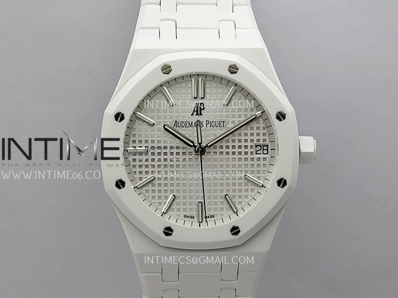 Royal Oak 15500 White Ceramic APSF 1:1 Best Edition Silver Dial On White Ceramic Bracelet SA4302 Super Clone