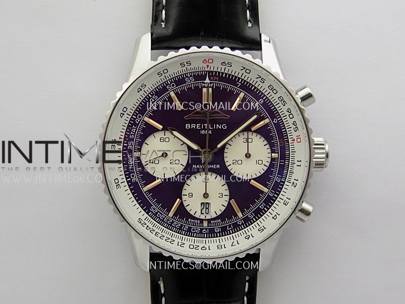 Navitimer B01 43mm SS B50 Best Edition Purple Dial White Subdial On Black Leather Strap A7750 Navitimer B01 43mm SS B50 Best Edition Purple Dial White Subdial On Black Leather Strap A7750