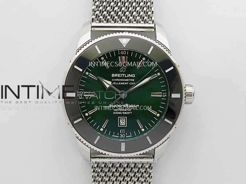 SuperOcean 46mm Black Ceramic Bezel SS B50 1:1 Best Edition Green Dial On SS Mesh Bracelet A2824