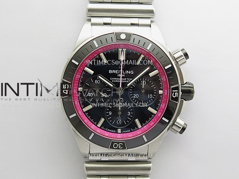 Chronomat B01 44mm SS TF 1:1 Best Edition Black Dial Pink Inner On SS Bracelet A7750 To Cal.01 (Free Rubber Strap) Chronomat B01 44mm SS TF 1:1 Best Edition Black Dial Pink Inner On SS Bracelet A7750 To Cal.01 (Free Rubber Strap)
