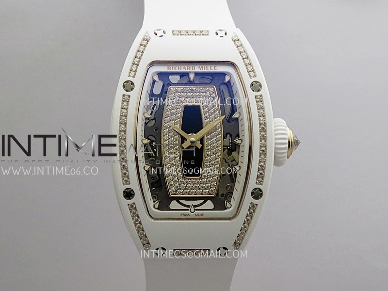 RM07 Real White Ceramic Diamond Bezel YG ZF Best Edition Black MOP Diamond Skeleton Dial On White Rubber Strap Asian CRMA2 Clone