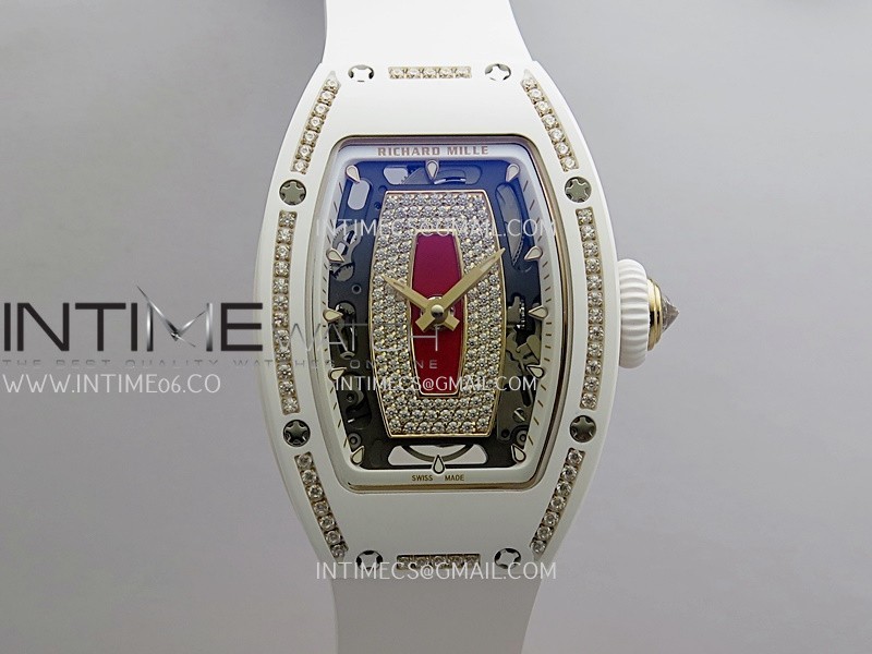 RM07 Real White Ceramic Diamond Bezel YG ZF Best Edition Red MOP Diamond Skeleton Dial On Black Rubber Strap Asian CRMA2 Clone