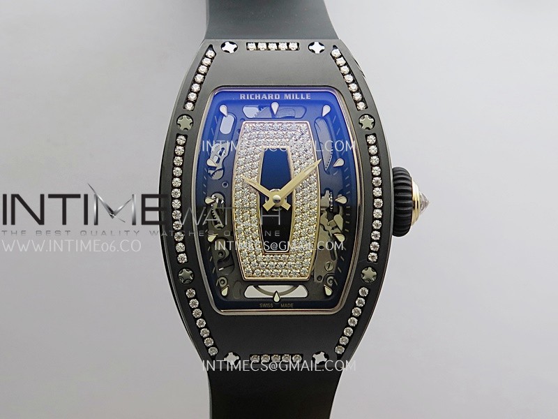 RM07 Real Black Ceramic Diamond Bezel YG ZF Best Edition Black MOP Diamond Skeleton Dial On Black Rubber Strap Asian CRMA2 Clone
