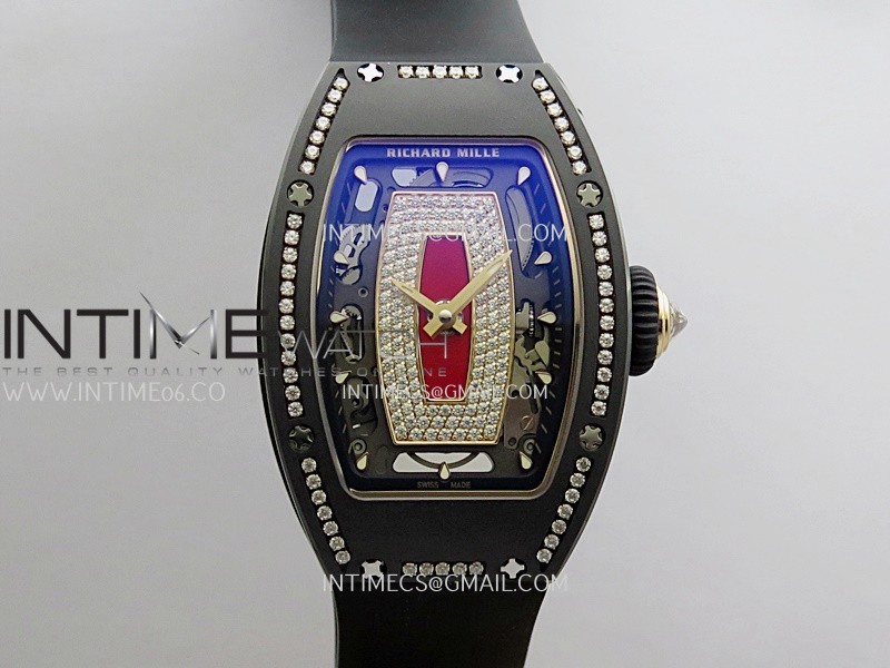 RM07 Real Black Ceramic Diamond Bezel YG ZF Best Edition Red MOP Diamond Skeleton Dial On Black Rubber Strap Asian CRMA2 Clone