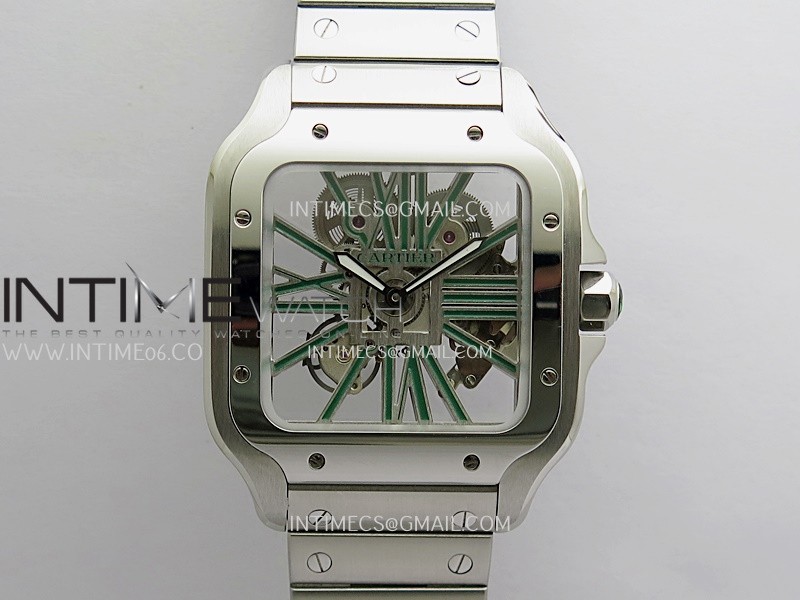 Santos de Cartier Skeleton SS MLF Skeleton Green Dial on SS SmartLink Bracelet 9611MC Super Clone