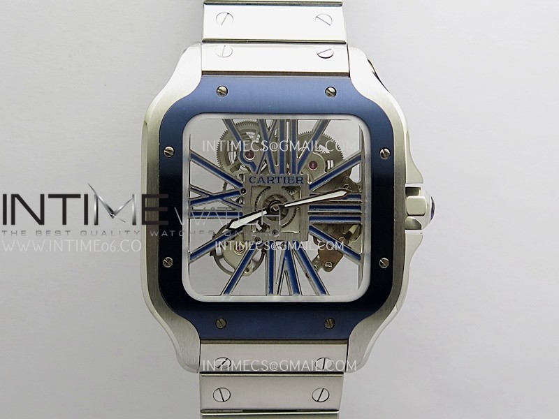 Santos de Cartier Skeleton SS MLF Skeleton Blue Skeleton Dial Blue Bezel on SS SmartLink Bracelet 9611MC Super Clone