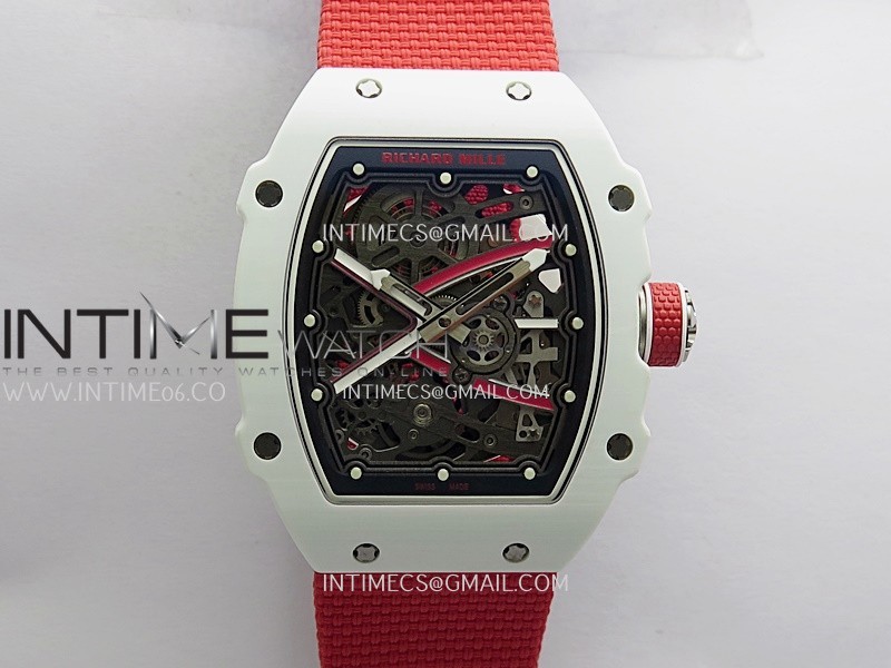 RM67-02 Real White Ceramic/Red NTPT Case 1:1 Best Edition Skeleton Dial On Red Nylon strap CRMA7 Clone