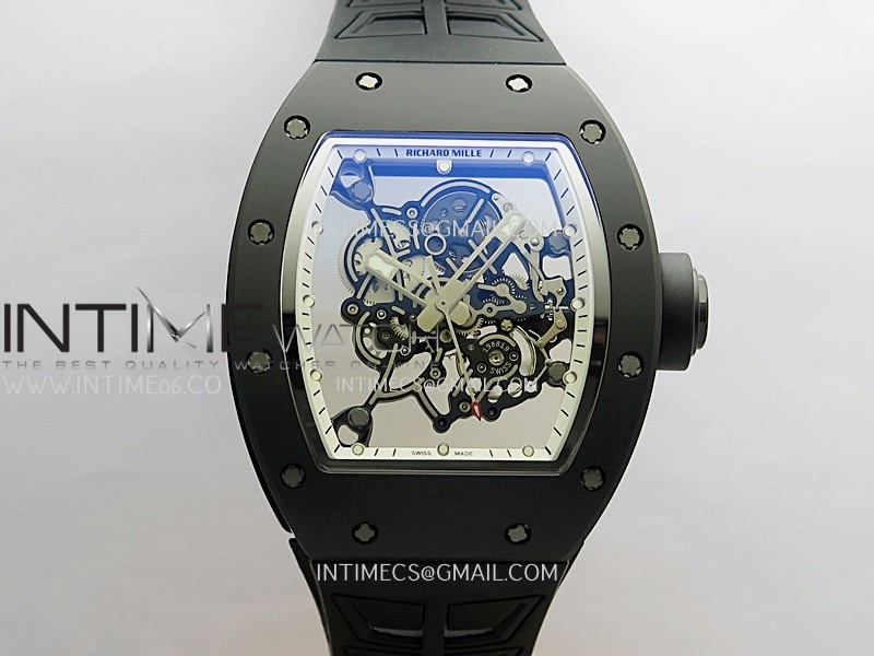 RM055 Black Case White Inner Bezel Umi Office 1:1 Best Edition Skeleton Dial Black Rubber Strap RMUL2 Super Clone (Free Sprung)